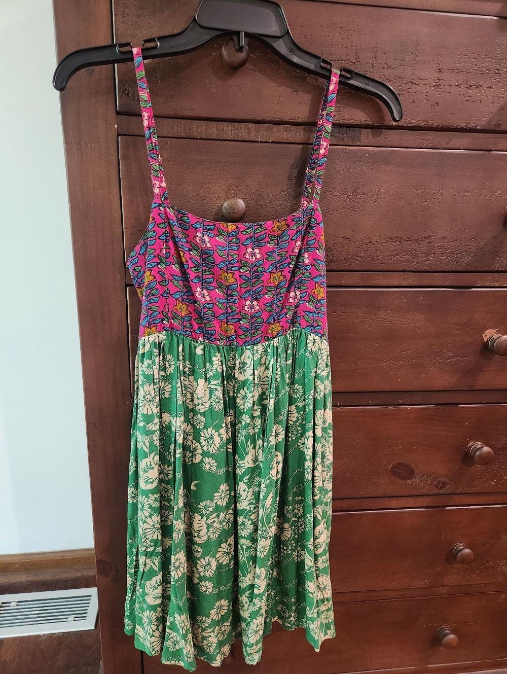 NATURAL LIFE Pink and Green Smocked Top with Multicolor Floral Print